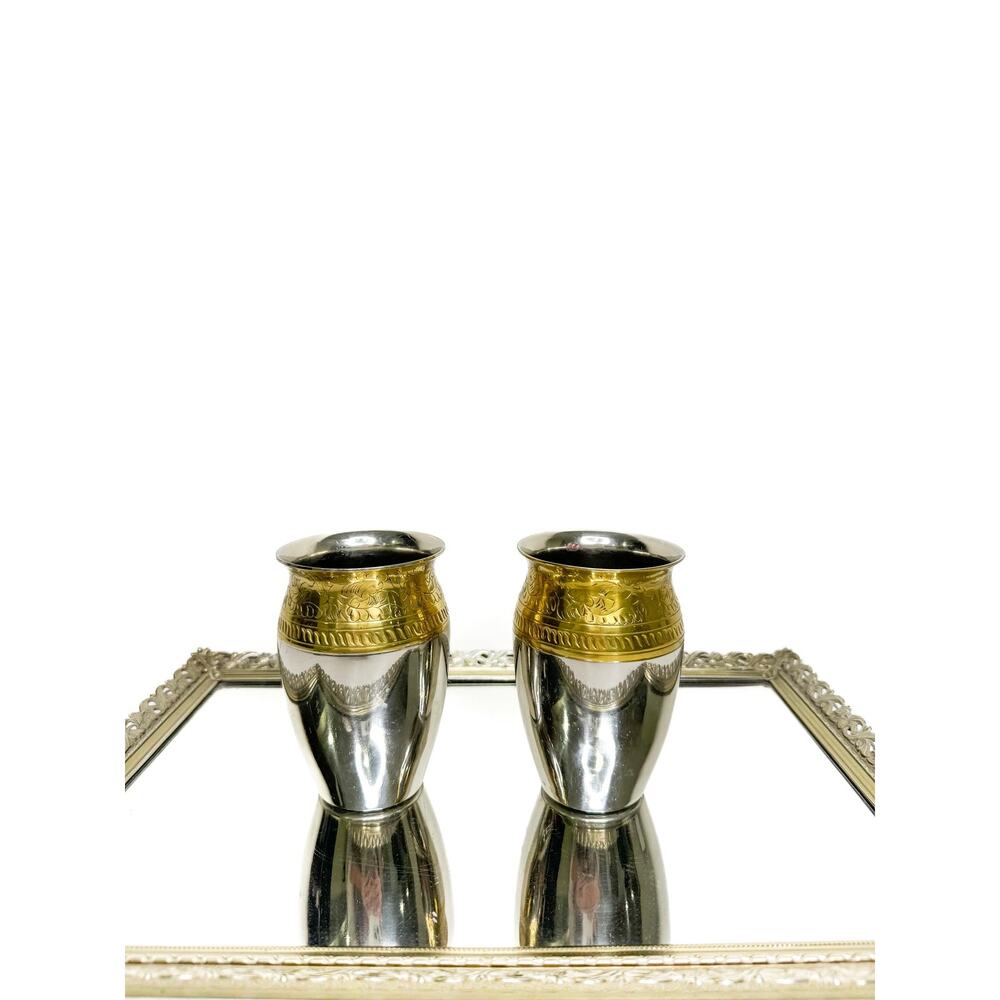Stunning Rare Antique Silver and Brass Vases with Floral Design